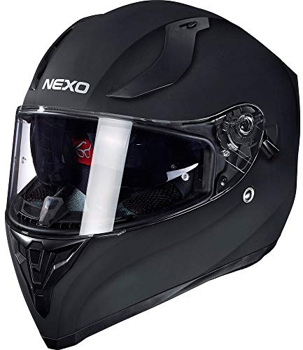 Nexo Integralhelm Motorradhelm Helm Motorrad Mopedhelm Sport II, herausnehmbare Polster, mehrfache Be-, Entlüftung, Windabweiser, klares Visier, Ratschenverschluss, Gewicht: 1.350 g, matt Schwarz, L