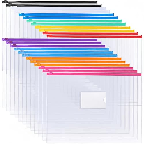 EOOUT 24pcs Plastic Envelopes Poly Zip Envelopes Files Zipper Folders, A4 Size, Letter Size, 10 Colors, for School Office Travel Storage Supplies