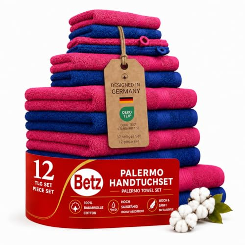 Betz 12-TLG. Handtuch-Set Palermo 100% Baumwolle 2 Liegetücher 4 Handtücher 2 Gästetücher 2 Seiftücher 2 Waschhandschuhe Farbe Cranberry und blau