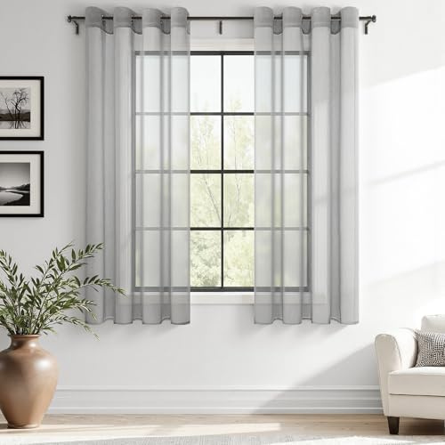 MRTREES Voile Gardinen Vorhang halbtransparent kurz mit Ösen in Leinenoptik Stores Gardinen Schals für Wohnzimmer Schlafzimmer Kinderzimmer Grau 137×140cm (H×B) 2er Set