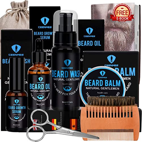 Beard Growth Kit with Oil, Serum, Wash, Balm, Brush, Comb & Scissors - Unique Gifts for Men