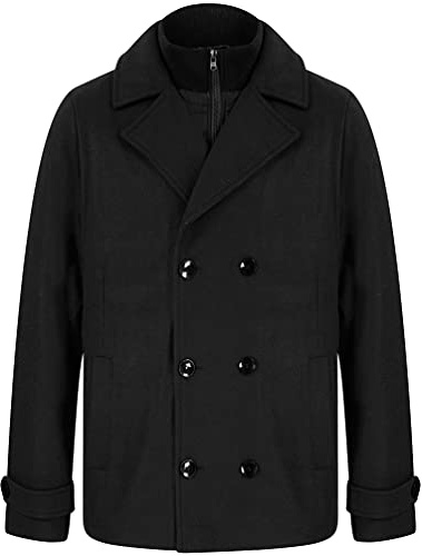 Tokyo Laundry Men's Uxmal Double Breasted Pea Coat with Funnel Neck Insert - Black - XL