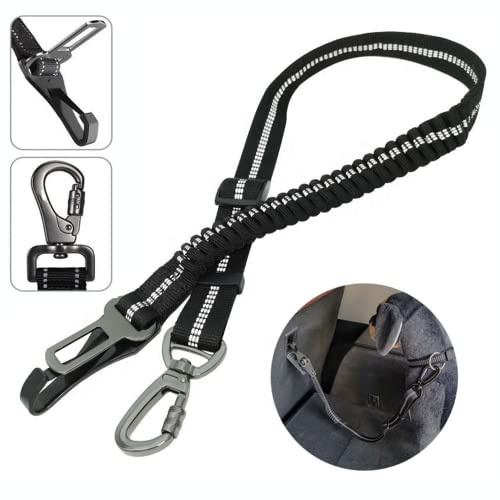 Hundbälte för bil – hundsäkerhetsbälte – säkerhetsbälte för bil – hundspänne för bil, reflekterande bungee hundbälte med krok för alla hundraser och biltyper (50 cm – 80 cm)