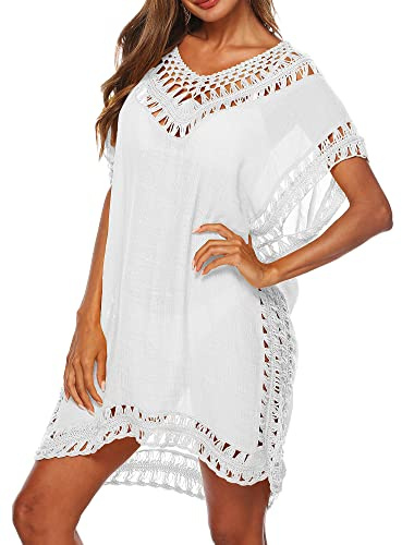 Women Swimsuit Cover Ups Beachwear Hollow Out V-Neck Short Sleeve Crochet Dress Bikini Swimsuit