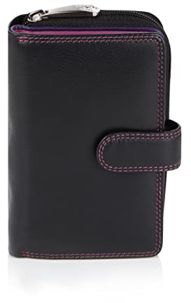 VISCONTI Bifold 100% Leder Damen Geldbörse Colorado Combination Leder Mehrfarbig portmonee (CD-22) RFID, Schwarz/Violett, Large