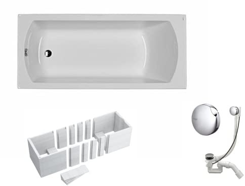 VBChome Badewanne 140x70 cm Acryl SET Wannenträger Siphon Wanne Rechteck Weiß Design Modern Styroporträger Ablaufgarnitur in Chrom