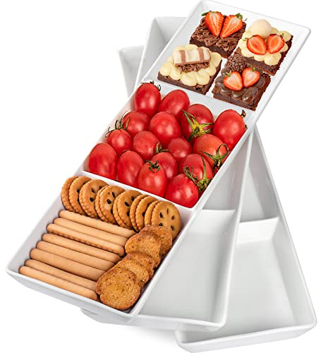 DELLING 16x5 Inch Ceramic 3-Section Serving Tray Set of 3, Stackable Divided Serving Platter - White Porcelain Appetizer Tray for Snack Food Dessert, Dishwasher Safe