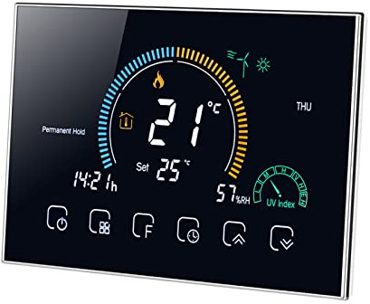 Ailgely Intelligenter Wi-Fi-Thermostat, Programmierbarer 5+1+1 Sechs Perioden, Sprach-APP-Steuerung, Thermoregulator für Wasser-/Gasboilerheizung, mit UV-Index-Feuchtigkeitsanzeige-Sperrfunktion