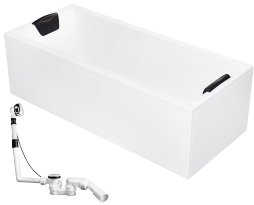 AQUADE Acryl Badewanne 170x75 Modell: Wolfsburg Hergеstellt in Dеutschland - Weiß Badewannen Komplettset mit Wannenfüßen + Schürze + Ab-Überlauf mit Zulauf, LED, Nackenkissen