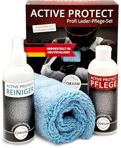 CORIUM – Active Protect Profi Leder-Pflege-Set – für die Reinigung und Pflege der Lederausrüstung – mit Reiniger, Pflegeprodukt und Mikrofasertuch – 3-teiliges Profi-Set