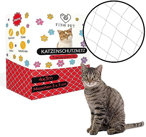 FinoPet Katzennetz für Balkon 4x3 Meter transparent inklusive Befestigungsmaterial Katzenschutznetz Katzengitter Schutznetz Sicherheitsnetz Balkonnetz für Katzen Katzennetz für Balkon ohne Bohren