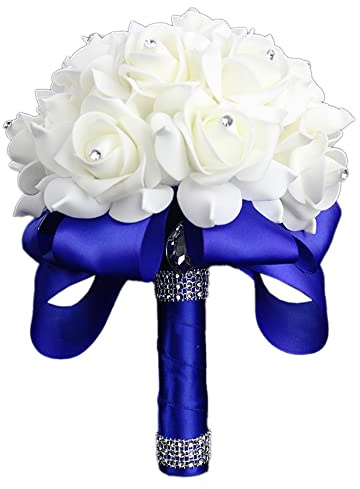 Hochzeits-Brautstrauß mit Blumen Kristall-Diamant-Schaumstoff-Rosen,Brautstrauß Rosen,Hält Blumen mit schönem Band, Brautjungfer, Hochzeitsstrauß, künstliche Seidenblumen, Handhaltung,Königsblau