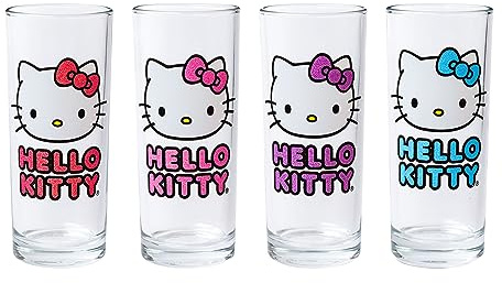 Silver Buffalo Sanrio Hello Kitty Glitter, 4 Pack Tumbler Glass Set, 10oz | 0.3 Liters
