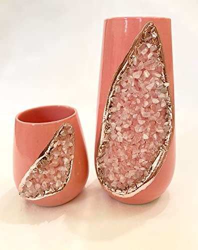 Pink and Gold Ceramic Vase/Planter/Pot/Wine Goblet/Mug with Rose Quartz Semi - Precious Agate Crystal Gemstones |Small(Height 4 inches), (Rose Gold - Finish)