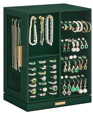 SONGMICS Jewellery Box 360° Rotating, Jewellery Organiser with 5 Drawers, Jewellery Display Case, Glass Window, Spacious, Vertical Jewellery Storage, Open Design, Great Gift, Forest Green JBC170C01