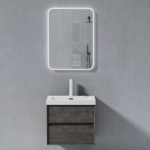 doporro Badmöbel Set Unterschrank in Grau-braun 60cm mit Waschbecken | Wandhängendes Badmöbel-Set mit Mineralguss-Waschbecken & Soft-Close – pflegeleicht für moderne Bäder Rimo