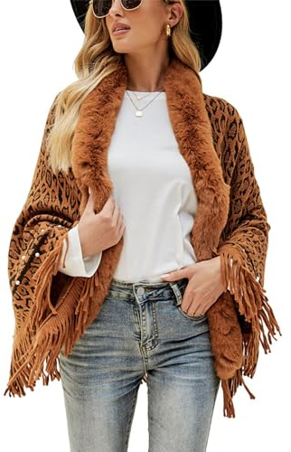 BAILEYU Frauen Gestrickt Schal Schal Leopard Kunstpelz Mantel Quaste Saum Warm Mantel Poncho Strickjacke Pullover Cape,Camel,One Size