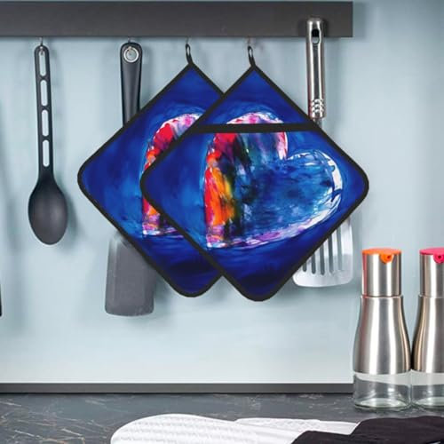 Set di presine a forma di cuore in blu, resistenti al calore, con tasche, antiscivolo, per cucina, cottura, 20,5 x 20,5 cm