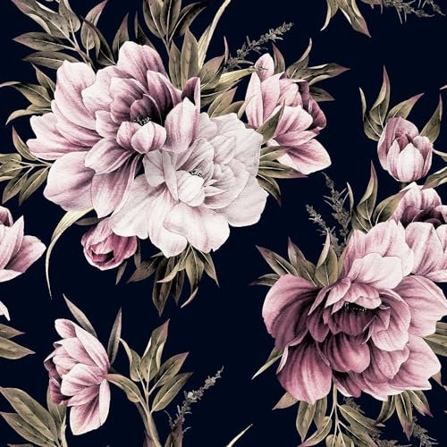 FunStick 44.5CM×9M Boho Pfingstrose Dunkelschwarz Tapete mit Blumen Klebetapete Selbstklebend Wand Dekofolie Möbelfolie Schwarz Kleiderschrank Folie Selbstklebend Dunkel Florale Tapete Wandverkleidung