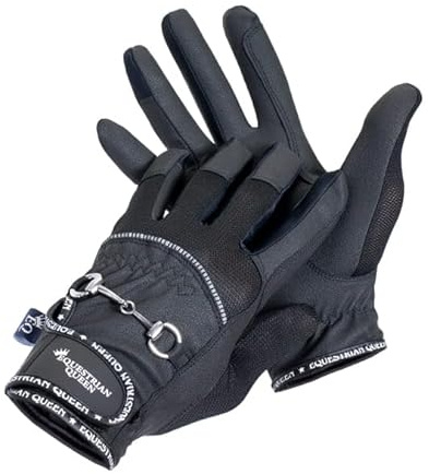 EQUESTRIAN QUEEN Crete - Guanti da equitazione da donna, per bambini, con fodera in rete, rinforzati, per equitazione (nero/grigio, S)
