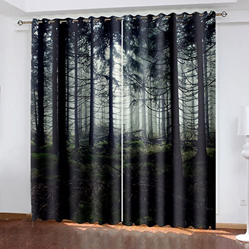Verdunkelungsvorhang Kinderzimmer Junge Mädchen Blickdichter Ösenvorhang H 160 X B 140 cm 3D Digitaldruck Graue Bäume Neblige Landschaft Ösenschal 2Er Set, Vorhänge Schlafzimmer Thermo Gardinen