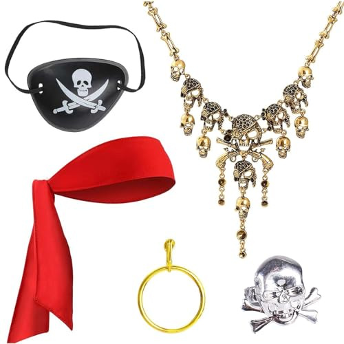 Scinzene 5-teiliges Piraten-Accessoires-Set, Damen- und Herren-Piratenkostüm, Piratenkostüm für Halloween und Cosplay, mit Augenklappe, Piratenkette, Piratenohrringe und Piratenkopftuch
