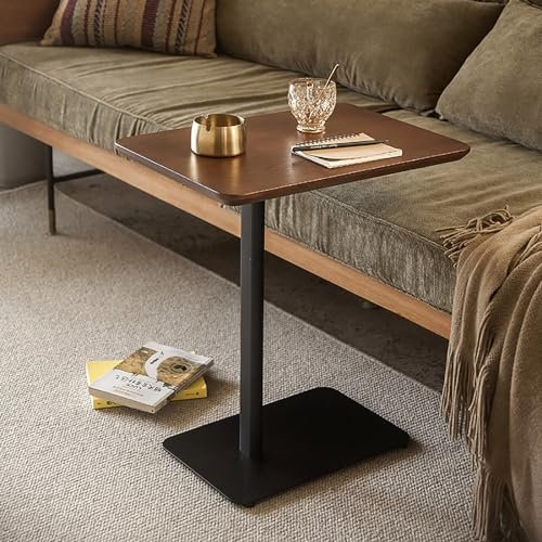 SJKJNK C-förmiger Beistelltisch, 21,7 Zoll hoher Kleiner Beistelltisch für Couch, Schlafsofa, TV-Tabletttisch für Wohnzimmer, Schlafzimmer, Metallrahmen (Farbe: Walnuss + Schwarz)