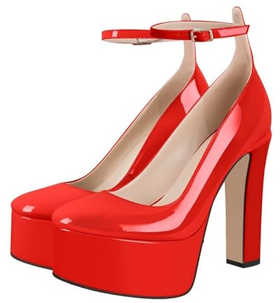 blingqueen Chaussures à talons hauts à plateforme pour femmes Mary Jane avec bride et talon carré, rouge, 38 EU