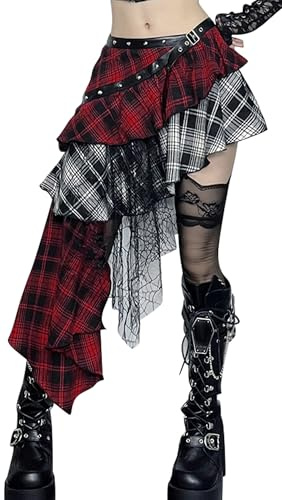 Ausing Femme Gothique Jupe Punk Mini Jupe Courte Steampunk Jupe Cosplay Fête Club Wear Jupes Tartan Dentelle Jupe Plissée