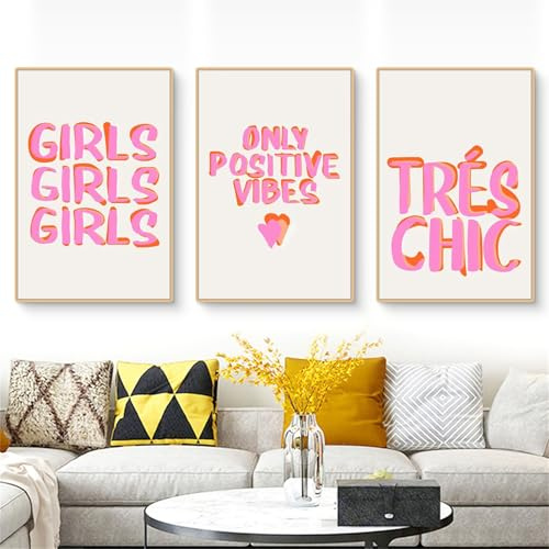 Ueiwffzo 3er Rosa Poster Set, Ästhetische Rosa Inspirierende Zitate Leinwand Bilder, Bilder Kinderzimmer, Rosa Wandbilder Schlafsaal Teen Mädchen Zimmer Deko (A,40x50cm)