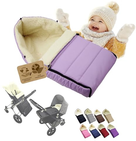 Fotsäck [vinteråkpåse för barnvagn] buggy babystol eller släde, babyåkpåse med lammull, gosig, varm, tvättbar, 90 cm (syren)