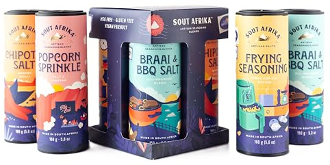 Sout Afrika Seasoning Gift Set 4 Flavours | BBQ Spice Collection | 4 blends, braai, chipotle, popcorn, frying, all natural, no MSG, bbq seasoning gift set for foodies