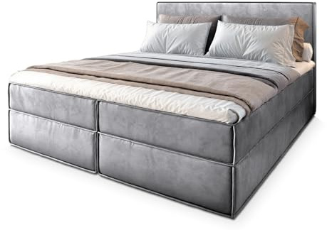 Masseno Boxspringbett PELLIO 180x200 cm Komplett-Set mit Matratze und Topper, Polsterbett mit Zwei Bettkästen -Hellgrau, Monolith 84