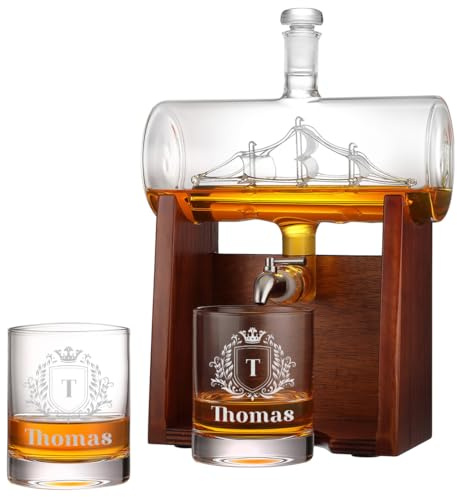 polar-effekt Whisky-Set 3-teilig Dekanter & Whiskygläser 320 ml mit Gravur - Personalisiertes Männergeschenk - Mit Holzständer & Zapfhahn - Für Whiskey, Scotch & Rum