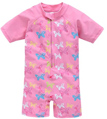 Bañador Niña Traje de Baño Una Pieza de Manga Corta para Bebe, Protección Solar UV 50+ Bañadores Neopreno de Natación UPF Ropa de Baño con Cremallera Secado Rápido, Estampado de Mariposas, Rosa