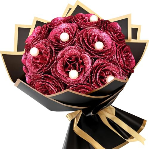 LARDUX Rote Rosen, Glitzer-Rosen, Blumenstrauß, selbstgemachte künstliche Blumen, ewige glänzende Rose, künstliche Blumen für Valentinstag, Jahrestag, Abschluss, Geburtstag, mit Perlen (rote Rose), 12