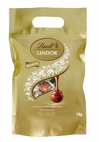 Lindt Schokolade LINDOR Mischung | 1 kg Beutel | 78 LINDOR Kugeln mit zartschmelzender Füllung in den Sorten Milch, Dark 60%, Weiß, Haselnuss | Pralinen-Geschenk | Schokoladen-Geschenk