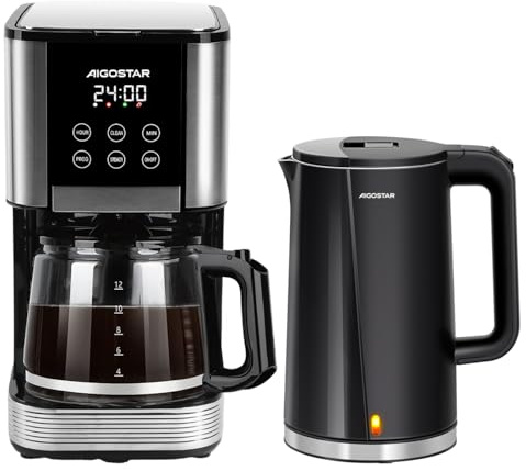 Aigostar Set de Desayuno - Hervidor de Agua Electrico + Cafetera de Filtro (1,7L, 2200W, diseño de doble pared) & (1,5L, 1000W, programable 24H, 2 niveles de intensidad, función de mantener caliente)