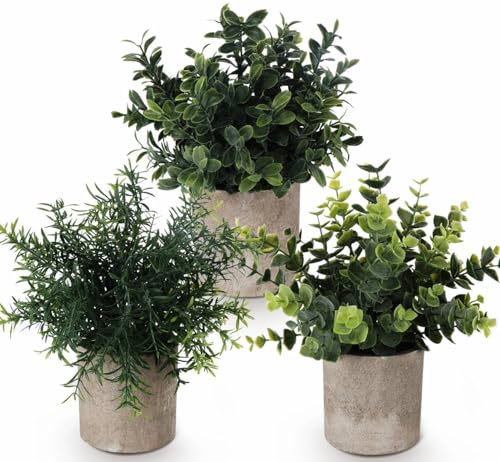Beutrain 3 Stück Kunstpflanze eukalyptus,Kunstpflanzen Set,Kleine Kunstpflanzen mit Topf, Mini Künstliche Pflanzen für Schlafzimmer Badezimmer Küchen,Balkon Büro Deko