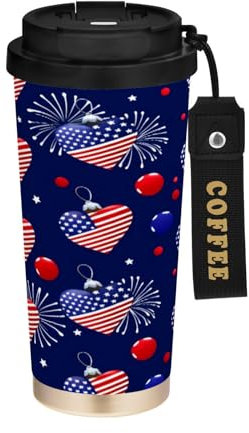 JUMBEAR Taza de viaje aislada al vacío del Día de la Independencia, tazas de viaje reutilizables para café, taza de café de acero inoxidable de doble pared a prueba de fugas con tapa para bebidas