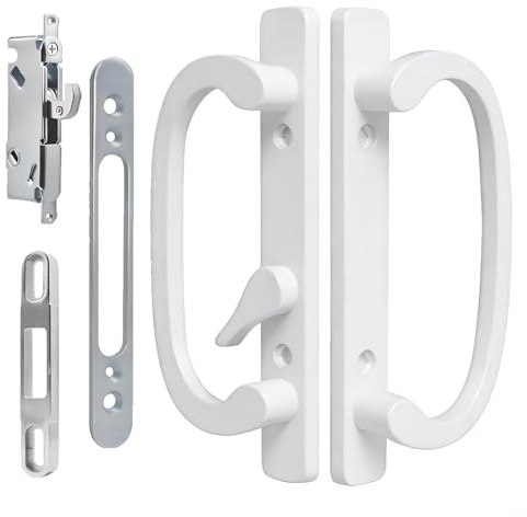 Ruigrit Offset Sliding Patio Door Handle Set with Mortise Lock | 45° Keyway | Fits 1-3/8 to 2 Doors | 3-15/16 Hole Spacing | Zinc Alloy | Non-Handed | White Diecast