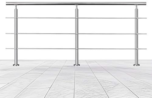 200x106cm Stainless Steel Handrail Safety with 3 Cross Bars for Indoor Outdoor, Adjustable Stair Banister, Step Railing Stair Railing