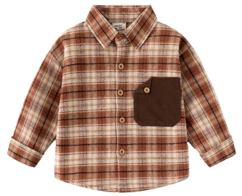 LUVCES Camisas de Franela a Cuadros para Niños Blusa Informal de Algodón con Botones Camisa Clásica con Bolsillo en el Pecho Otoño Primavera Ropa 1 a 6 Años