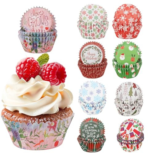 450 Pcs Cupcake Cases,Christmas Cupcake Cases | Standard Size Greaseproof Paper Baking Cups & Muffin Liners | 9 Festive Designs for Xmas, Birthday, Wedding and Party Baking