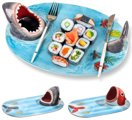 Sbyzm Ceramic Shark Plate, Shark Sushi Plates, Funny Handmade Kitchen Salad Plates with Dipping Sauce Bowl, Microwave/Oven/Dishwasher Safe Plates, Holiday Birthday Gifts for Shark Party Lovers