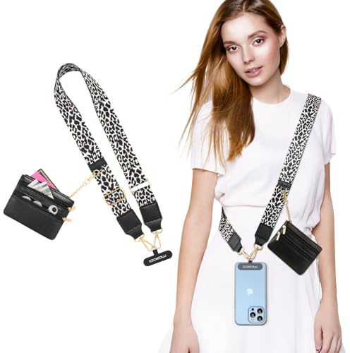 MoKo Universal Phone Lanyard, Clip and Go Strap Crossbody with Detachable Zipper Wallet Pouch, Adjustable Phone Lanyard Crossbody Around The Neck with Patches for iPhone, Samsung, Leopard