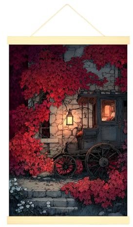 Póster colgante de lienzo con diseño de carruaje, arte de pared, diseño de hiedra rústica de otoño, póster colgante rojo con marcos, dormitorio, oficina, aula, decoración de 20 x 28 pulgadas