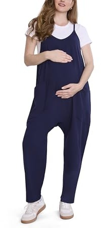 Motherhood Maternity Women's Casual Baggy Sleeveless V-Neck Pregnancy Romper Jumpsuit with Loose Spaghetti Straps and Pockets, Peacoat, X-Large