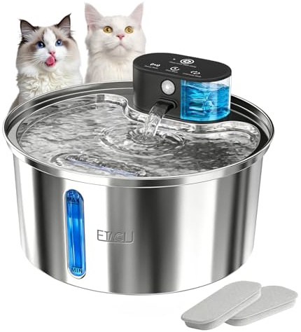 ETACCU Trinkbrunnen für Katze Kabellos, 3.2L Katzenbrunnen Edelstahl mit 3m Bewegungsmelder, 5000mAh Batteriebetrieben, Leise Wasserpumpe, Katzenbrunnen für Katzen und kleine Hunde