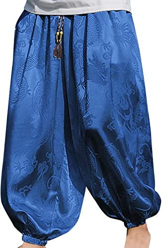 Pantalon Hakama en soie glacée style Kung-Fu Pantalon Hakama en soie glacée avec ourlet large Kimono Wushu Pantalon de yoga japonais doux pour homme, bleu, XXL
